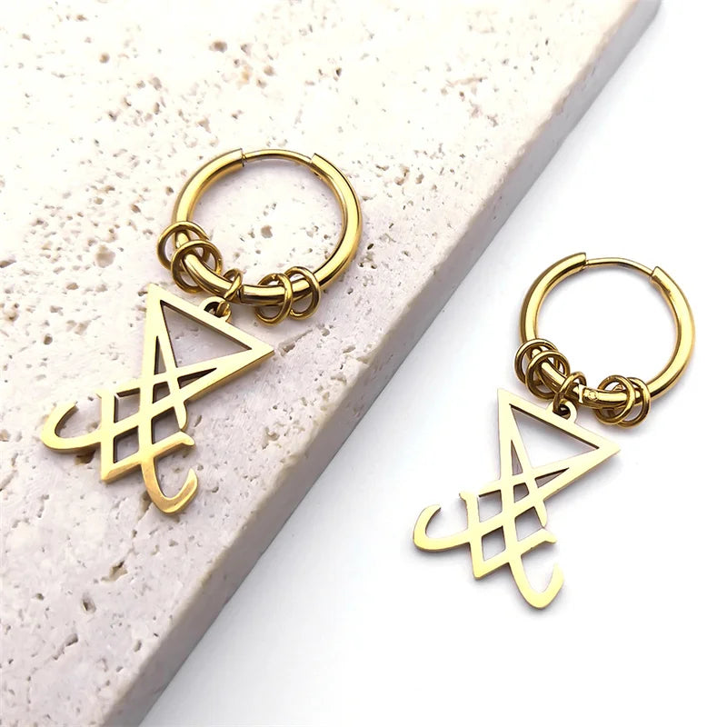 Nyvele Lucifer Sigil Satan Hoop Earrings – Gothic Occult Stainless Steel Jewelry