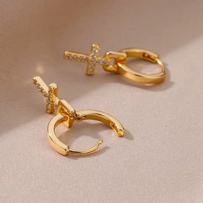 Nyvele Stainless Steel Zircon Cross Dangle Earrings for Women & Couples