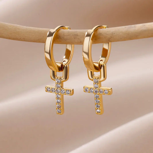 Nyvele Stainless Steel Zircon Cross Dangle Earrings for Women & Couples