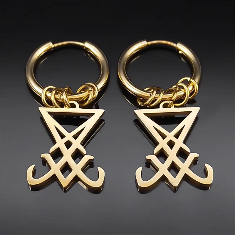 Nyvele Lucifer Sigil Satan Hoop Earrings – Gothic Occult Stainless Steel Jewelry
