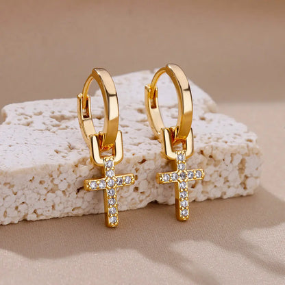 Nyvele Stainless Steel Zircon Cross Dangle Earrings for Women & Couples
