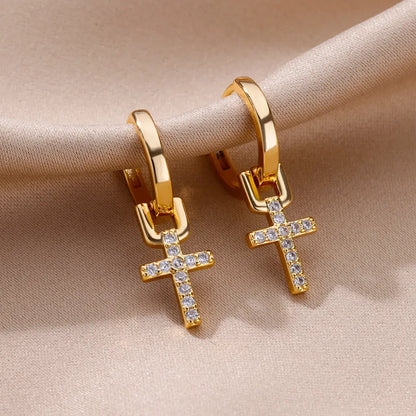 Nyvele Stainless Steel Zircon Cross Dangle Earrings for Women & Couples